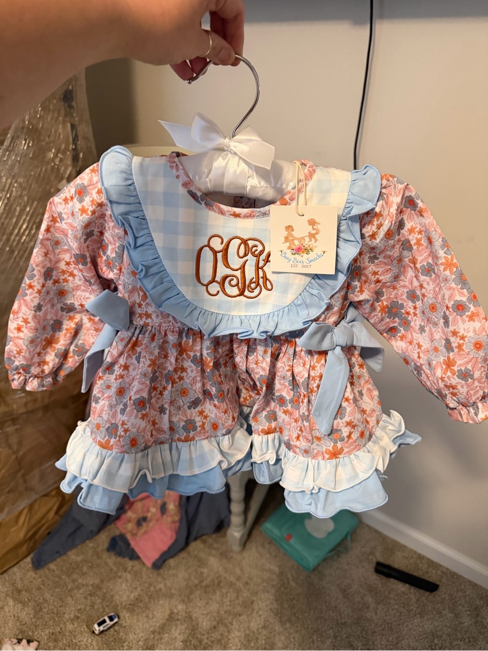 Blue & Peach Floral Ruffle Matching Set with Monogram Bib